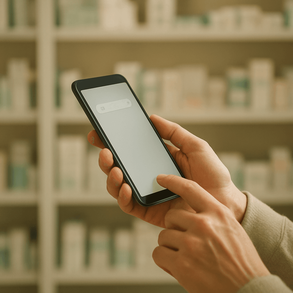 Persona buscando en el móvil cómo comprar retatrutida con una farmacia desenfocada al fondo